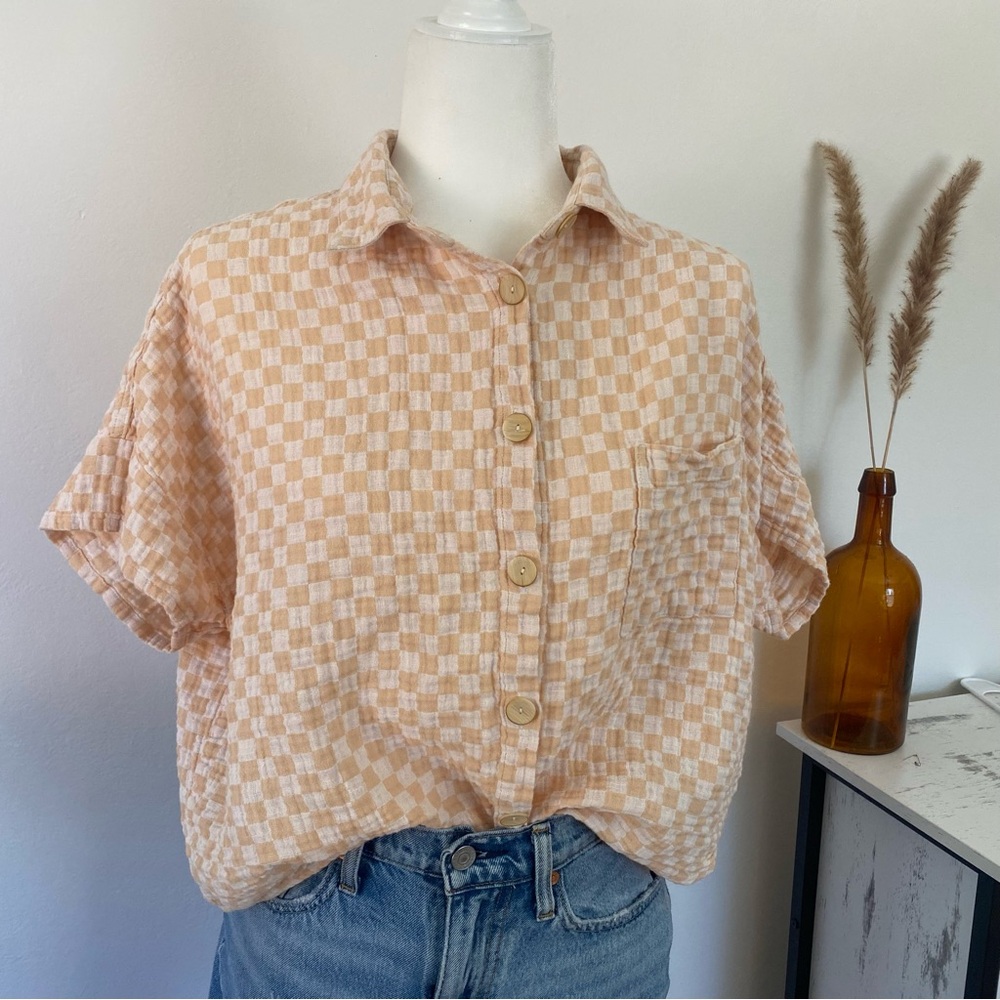 Rylee + Cru gauzy checkered button down top